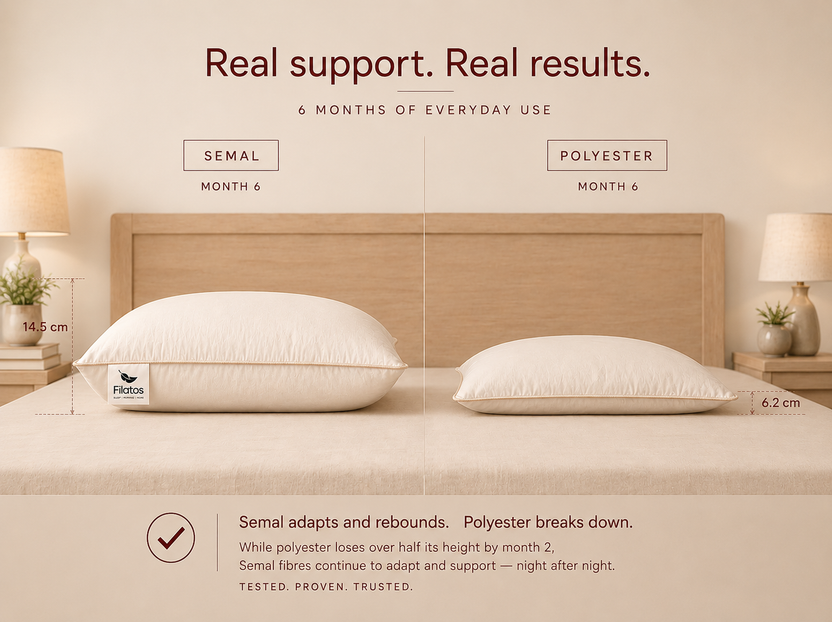 Six-month comparison of Semal pillow versus polyester pillow, showing Semal holds its shape