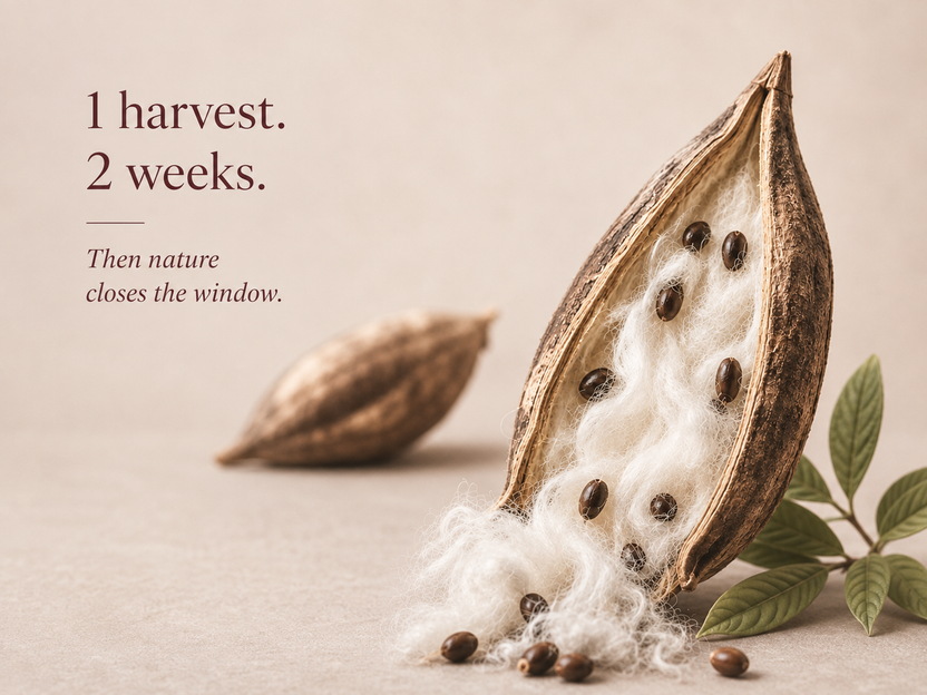 Semal seed pod split open, showing the cotton fiber inside
