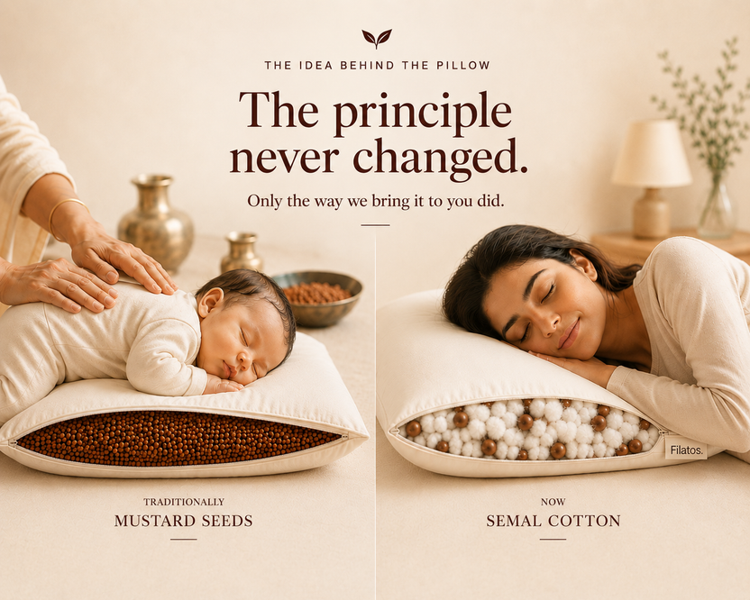 A mother and baby resting on pillows, showing the shift from mustard seed to semal cotton filling